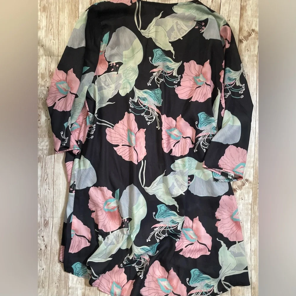 Women's 3/4 Sleeve Floral Kimono Cardigan Sheer Loose Fit Shawl Chiffon Cover-Up - Picture 8 of 12